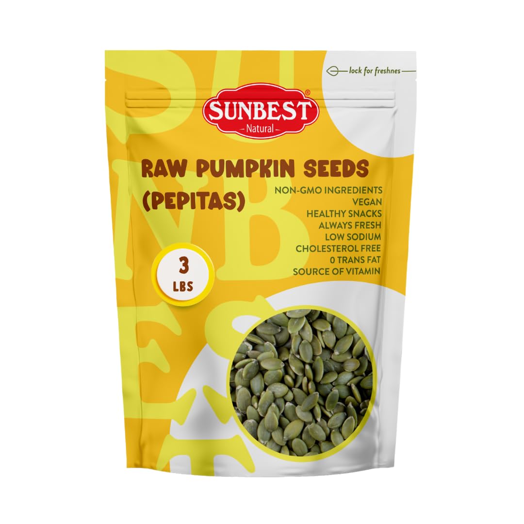 Sunbest Natural Raw Pumpkin Seeds, 5 lbs – Unsalted & Shelled – Bulk Bag, Whole Pepitas, Pumpkin Seeds to Eat – For Snacking, Baking & Topping – Rich in Essential Fatty Acids, Iron & Protein (80 oz)