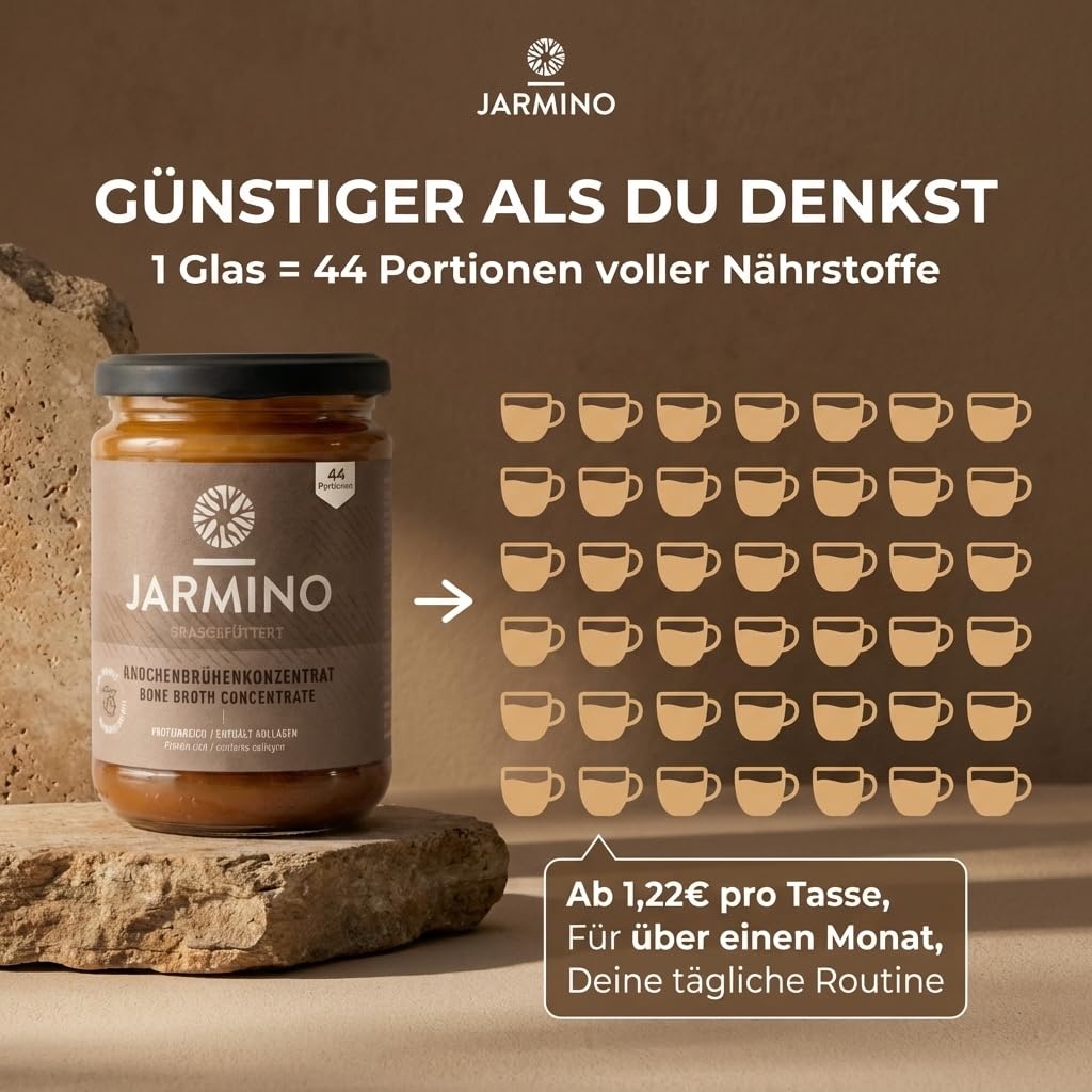 JARMINO Bio Rinderknochenbrühe Konzentrat, Grasgefütterte Brühe für Menschen, Flüssige Knochenbrühe mit Kollagenprotein, Keto, Paleo & AIP geeignet, Rinderbrühe, 440 g, 44 Portionen