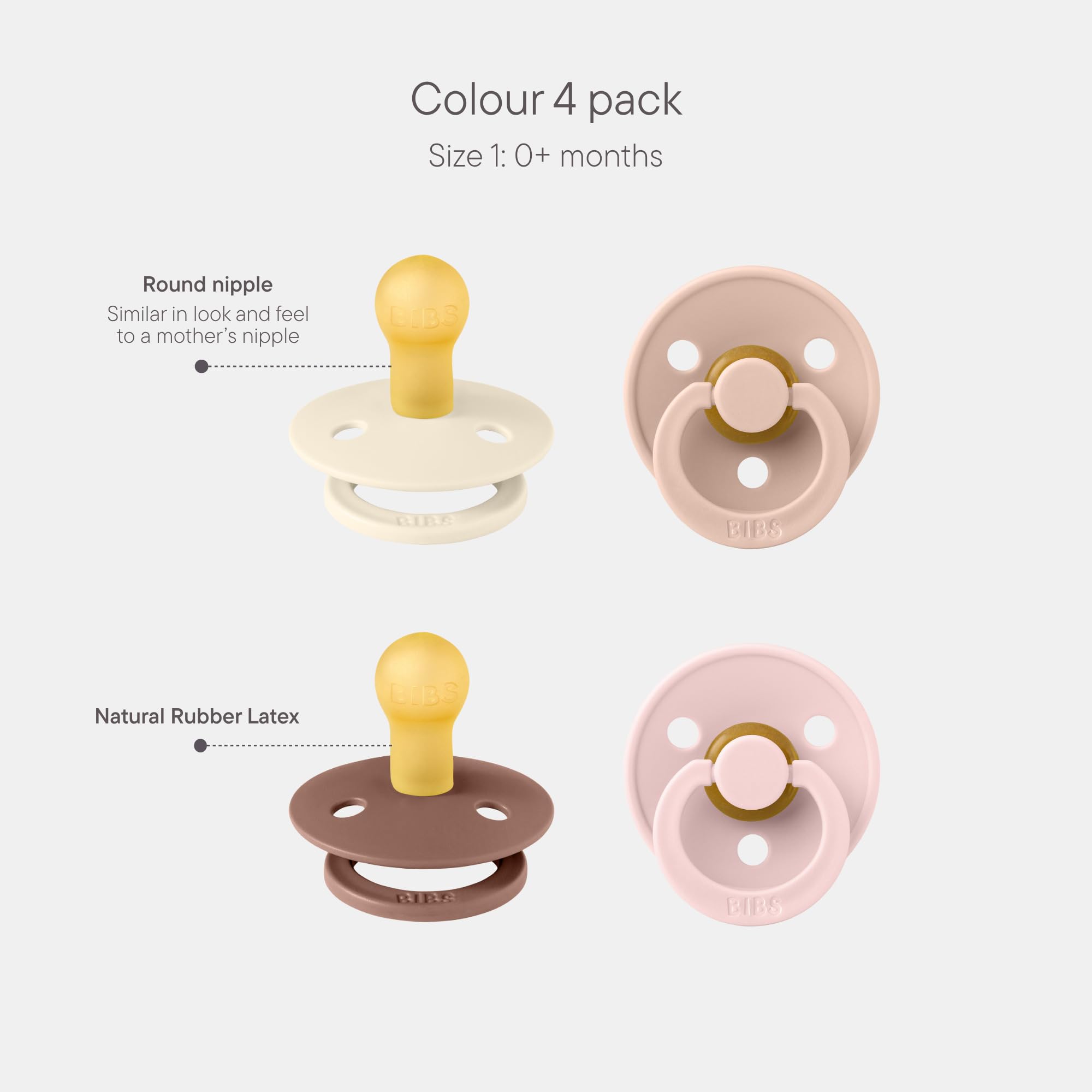 BIBS Colour Schnuller 4er-Pack, BPA-frei, Kirschform Nippel. Naturkautschuk/Latex, Hergestellt in Dänemark. 6-18 Monate (4er Pack), Iron Mix