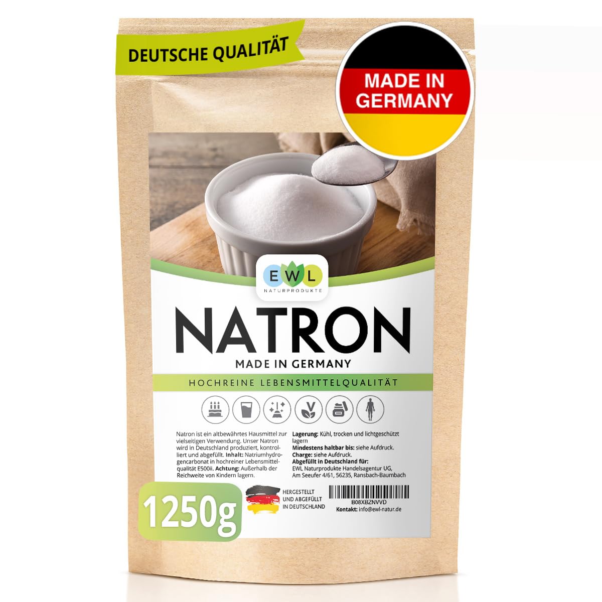 EWL Naturprodukte Natron Pulver 900 g, Backing Soda, Natronpulver in hochreiner Lebensmittelqualität, Herstellung und Abfüllung in Deutschland