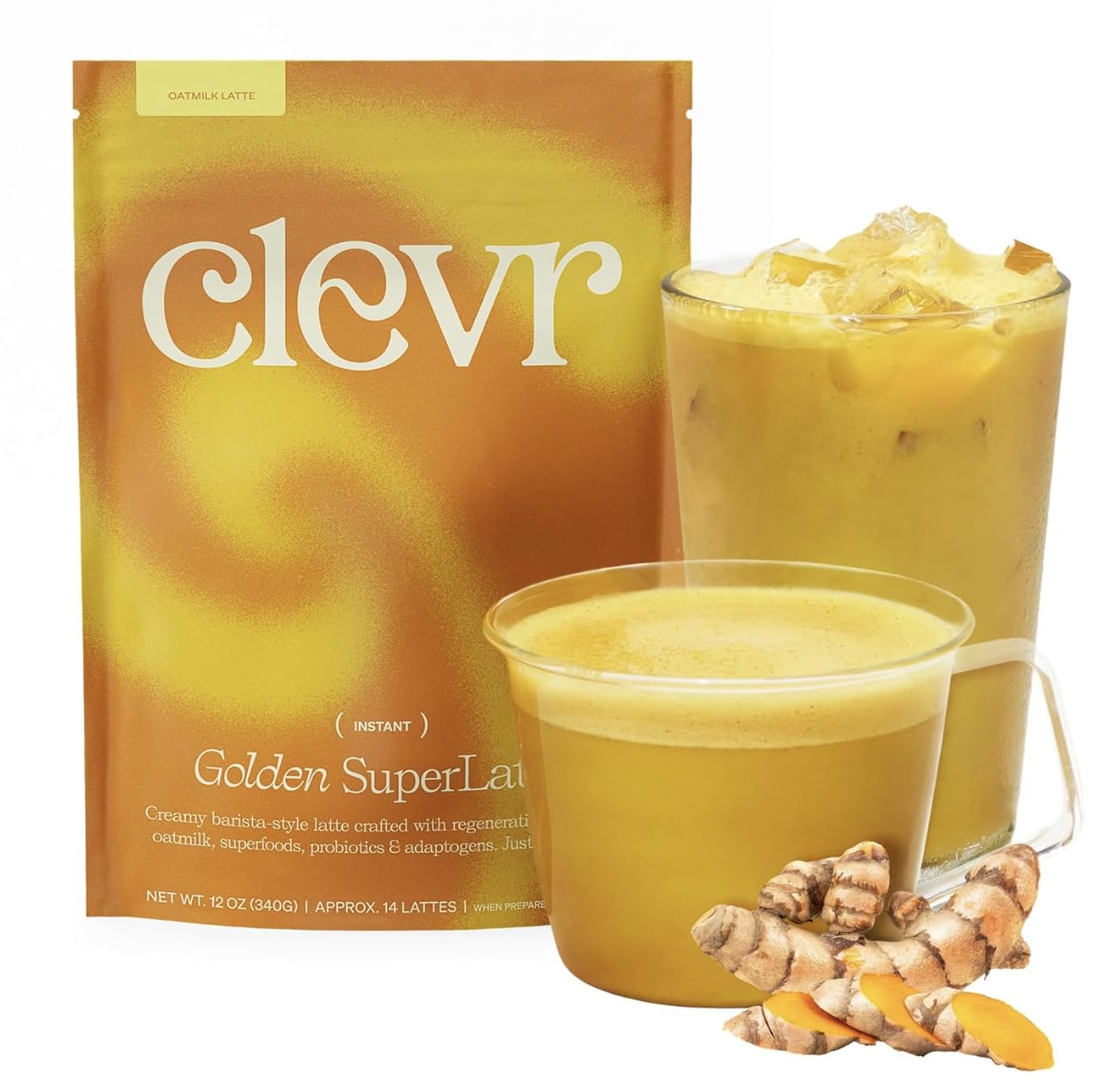 Clevr Organic Matcha Green Tea Latte, Instant Ceremonial Grade, Superfood Powder Blend with Oat Milk, Lions Mane, Reishi Mushroom, Coconut Cream, Ashwagandha, Serve Hot or Iced, (14 Lattes)