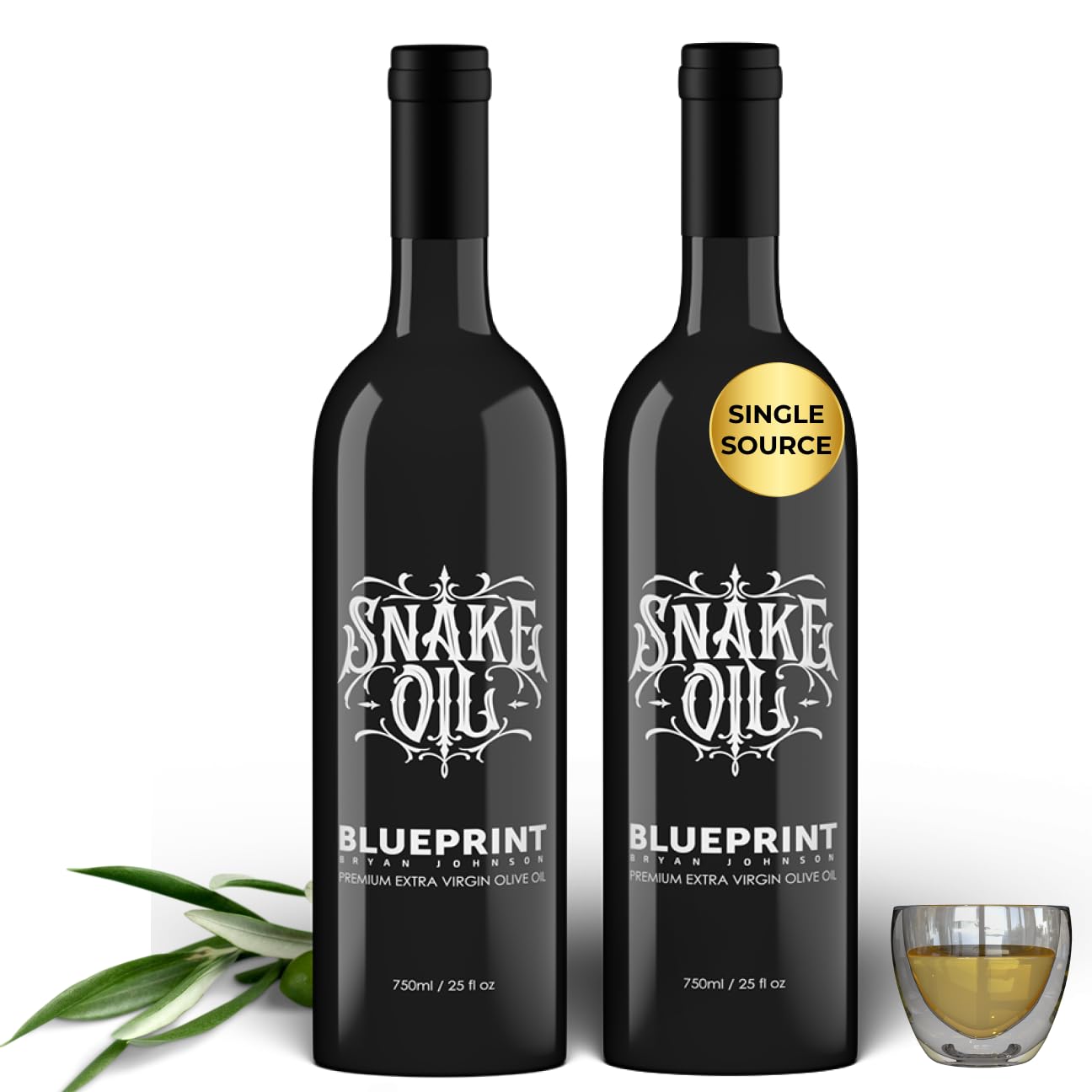 Blueprint Bryan Johnson Olive Oil – Snake Oil- High Polyphenol Extra Virgin Olive Oil (400+ mg/kg) – Cold Pressed, Early Harvest, First Cold Press EVOO – Keto, Paleo, Non-GMO – 750ml Glass Bottle