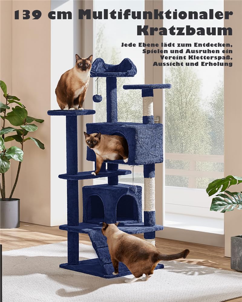 Yaheetech Kratzbaum Groß, 139 cm hoch, Mehrstöckiger Katzenbaum Kletterturm mit 3 Kratzsäulen, 3 Plattformen, 2 Gemütlichen Höhlen, 2 Plüschbällen, Stabiler Aktivitätsbereich für Katzen, Dunkelgrau