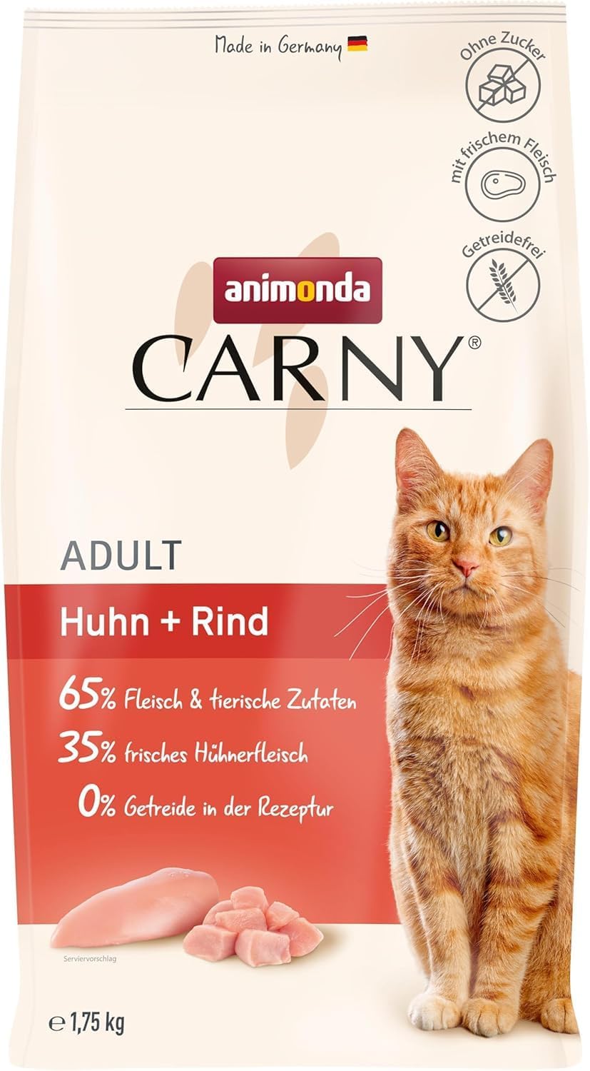 animonda Carny Katzen Trockenfutter Huhn und Rind (1 x 1,75 kg), Trockenfutter für ausgewachsene Katzen ohne Zucker und Getreide, mit frischem Hühnerfleisch und Rinderprotein
