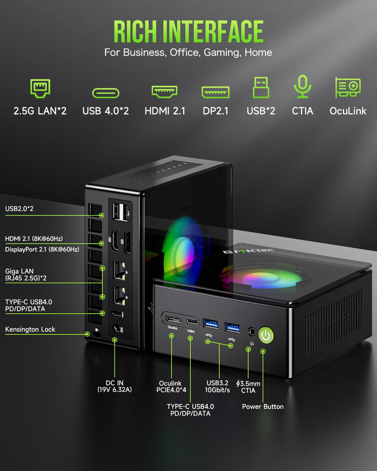 GMKtec K12 Gaming Mini PC Oculink AMD Ryzen 7 H 255 (Upgraded 8745HS) 32GB DDR5 RAM 512GB SSD, Desktop Computer Radeon 780M Graphics, 3X M.2 2280 Storage Expansion, Dual NIC 2.5G, HDMI 2.1, USB4