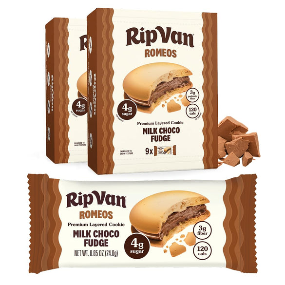 Rip Van Romeos Dark Chocolate Fudge Cookies - Low Sugar Cookies - Healthy Keto Snack - Individual 2 Packs (18 Count)