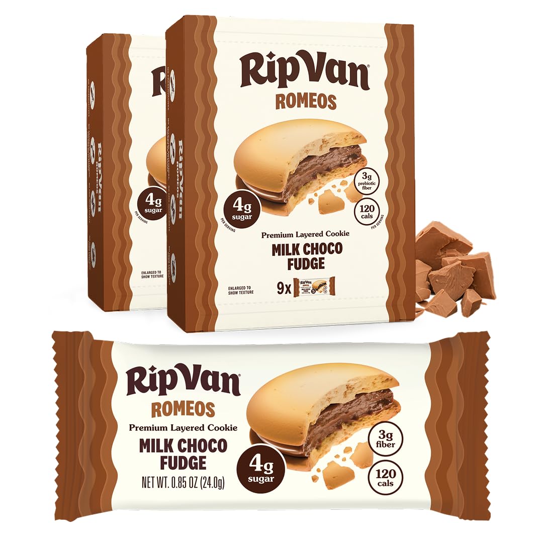 Rip Van Romeos Dark Chocolate Fudge Cookies - Low Sugar Cookies - Healthy Keto Snack - Individual 2 Packs (18 Count)