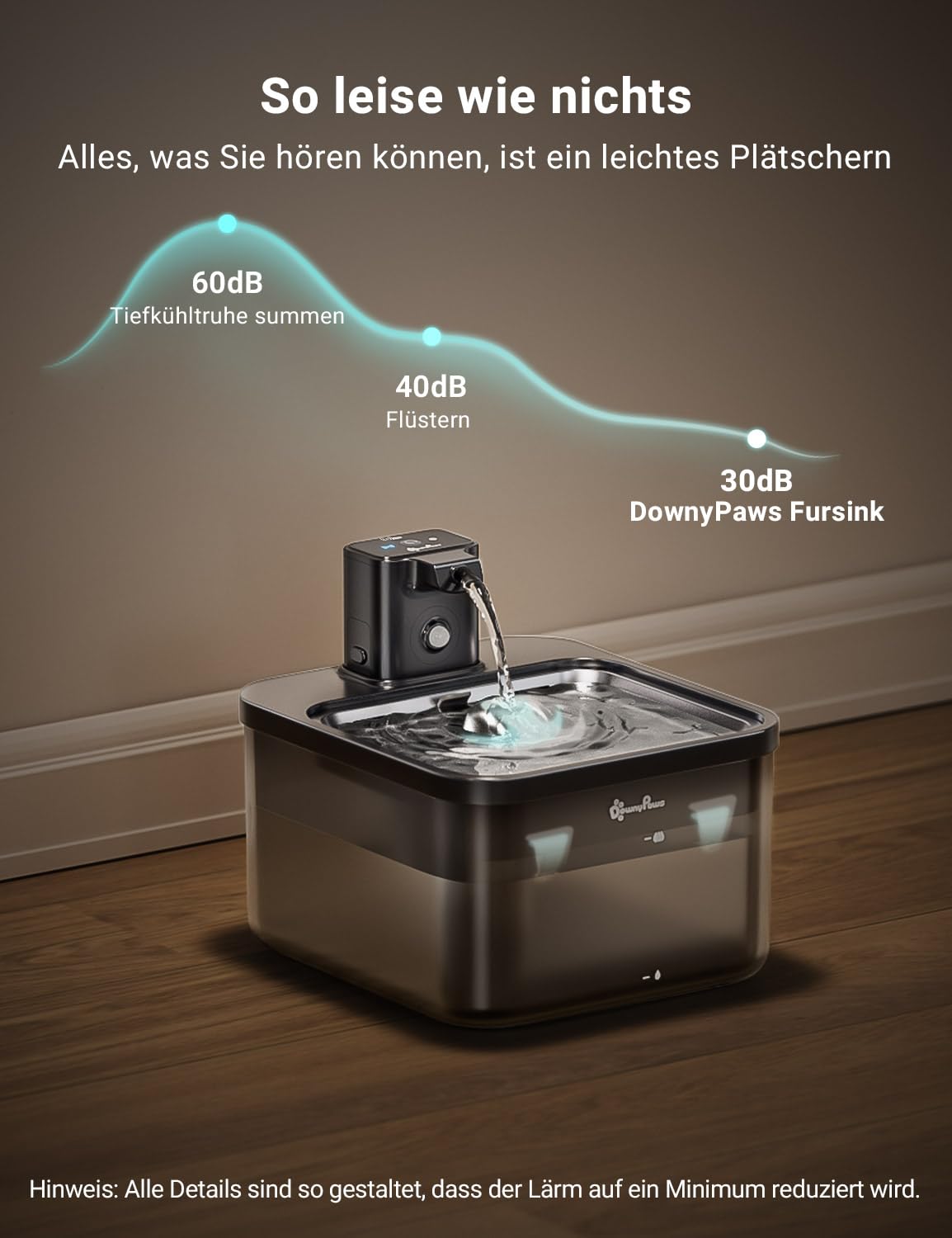 DownyPaws 2.5L Trinkbrunnen für Katze Kabellos, Katzenbrunnen Kabellos mit Bewegungsmelder, Batteriebetrieben Katzentrinkbrunnen, 4000mAh, Leise Wasserpumpe, Tablett aus Edelstahl für Katze, Schwarz