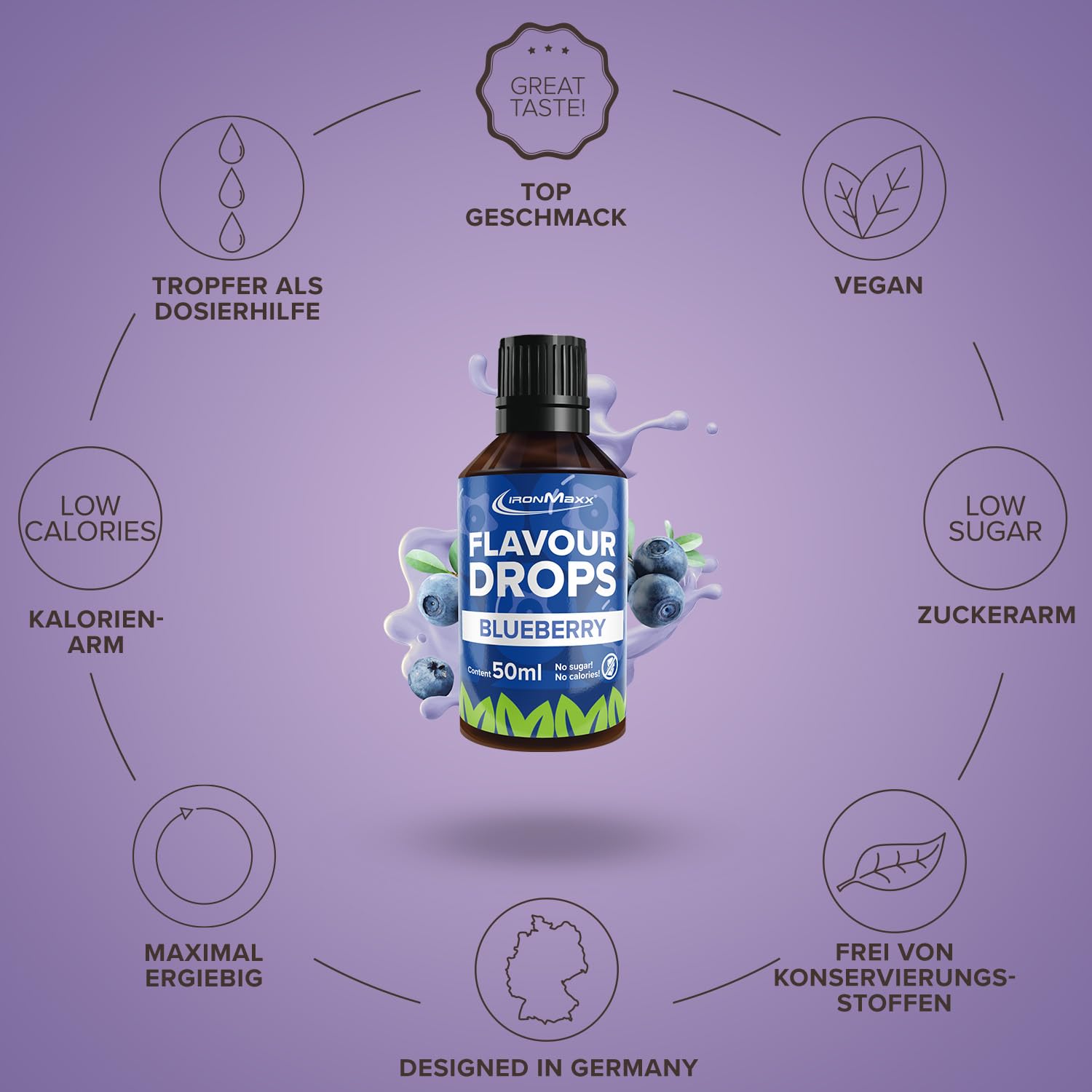 IronMaxx Flavour Drops - Vanilla 50ml | kalorienfrei & zuckerfrei | vegane Aromatropfen zum süßen von Lebensmitteln | praktischer Tropfer-Verschluss