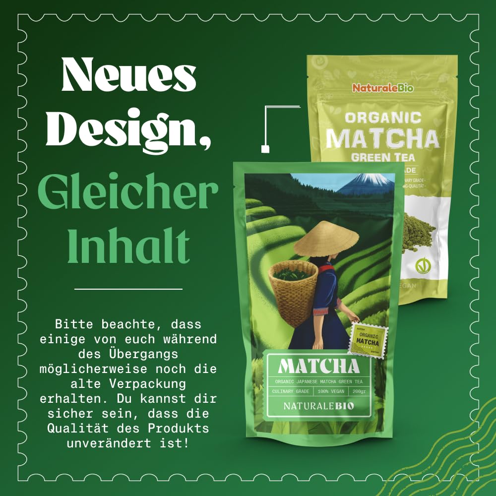 NaturaleBio Matcha Tee Pulver Bio - Premium-Qualität - 100g. Original Green Tea aus Japan. Japanischer ideal zum Trinken. Grüntee für Latte, Smoothies Getränk. Hergestellt in Uji, Kyoto.