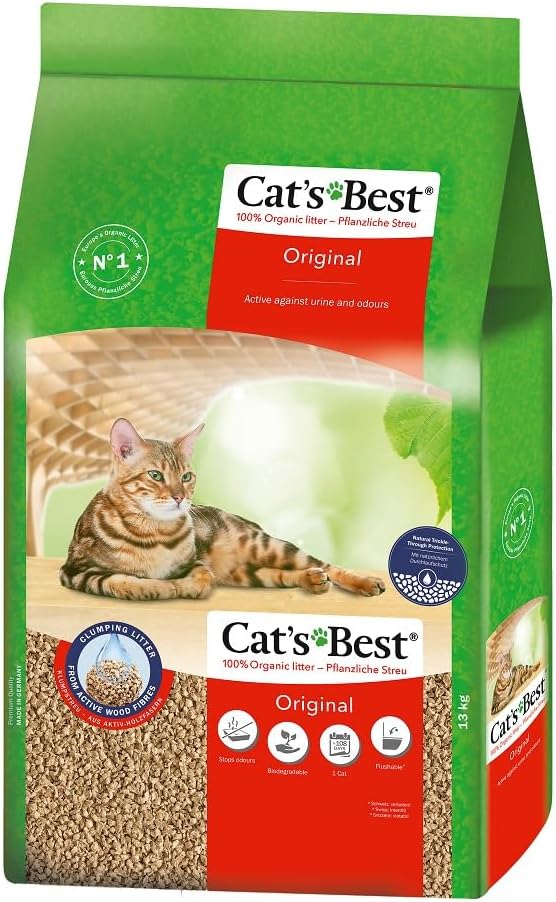 Cat’s Best Original Katzenstreu, 100% pflanzliches Katzenklumpstreu mit maximaler Saugfähigkeit – bekämpft Gerüche natürlich und aktiv, 8,6 kg/20 l (Verpackung kann variieren)