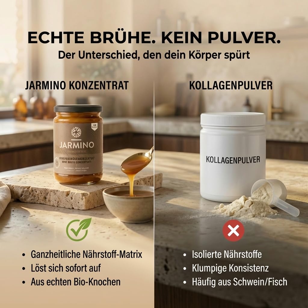 JARMINO Bio Rinderknochenbrühe Konzentrat, Grasgefütterte Brühe für Menschen, Flüssige Knochenbrühe mit Kollagenprotein, Keto, Paleo & AIP geeignet, Rinderbrühe, 440 g, 44 Portionen