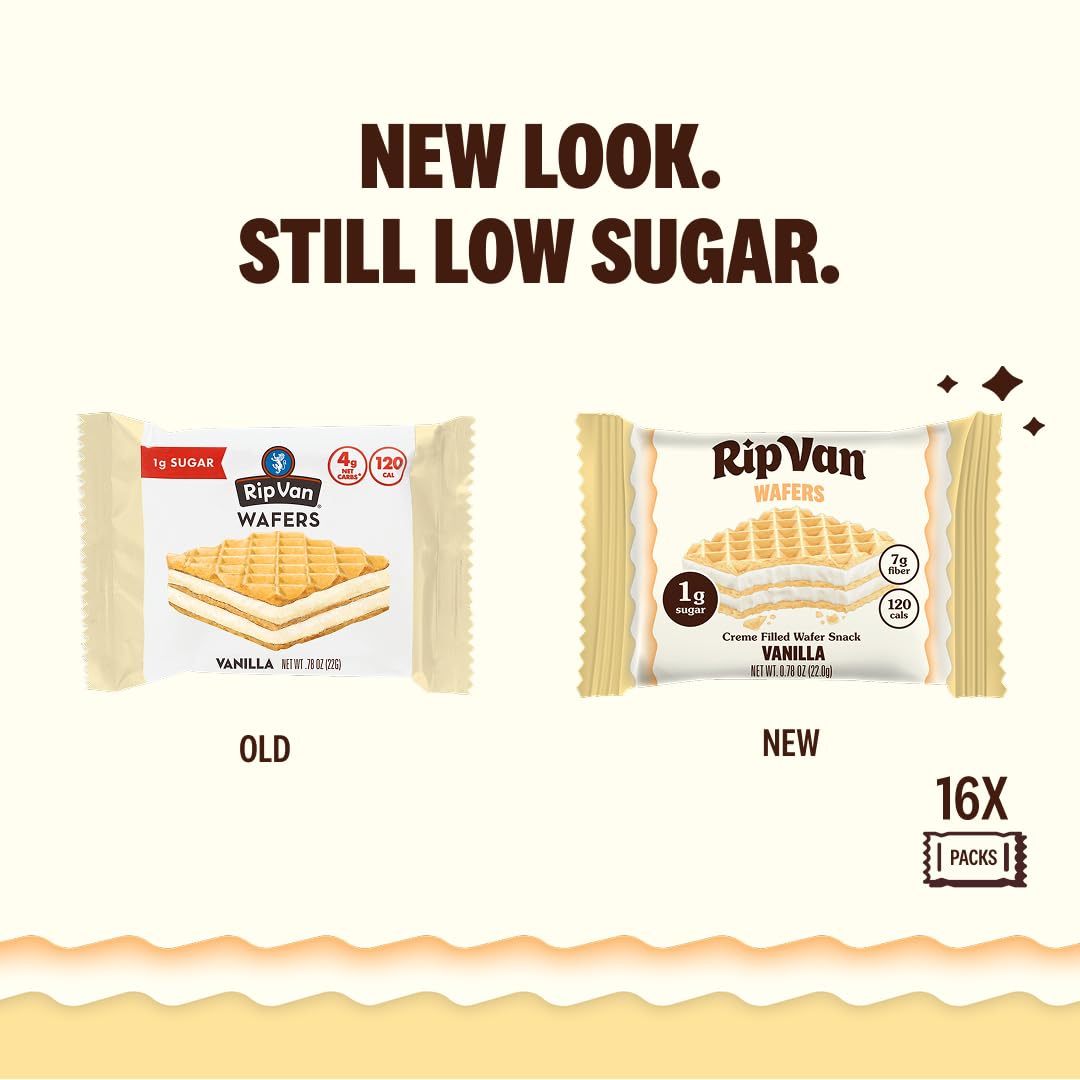 Rip Van Vanilla Keto Wafer Cookies, Healthy Vegan Snack, Non GMO, Low Carb, Low Sugar (1g), Low Calorie, 16 Count