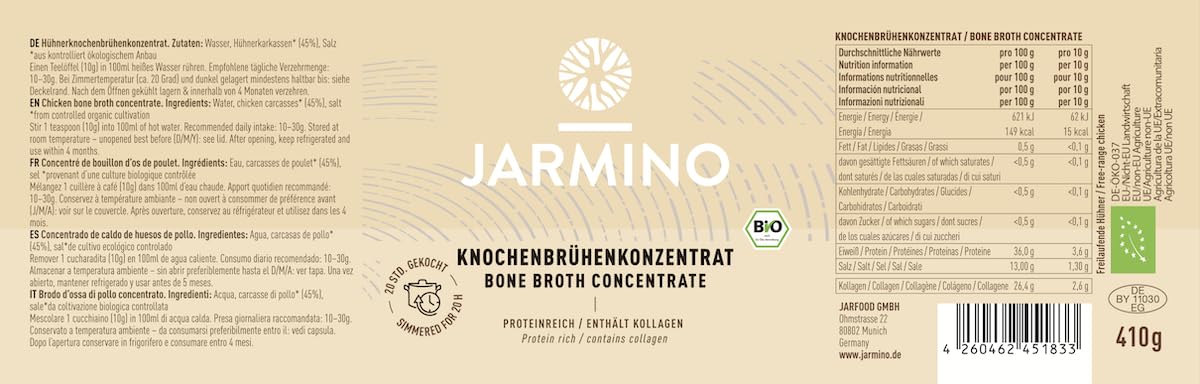JARMINO Bio Rinderknochenbrühe Konzentrat, Grasgefütterte Brühe für Menschen, Flüssige Knochenbrühe mit Kollagenprotein, Keto, Paleo & AIP geeignet, Rinderbrühe, 440 g, 44 Portionen
