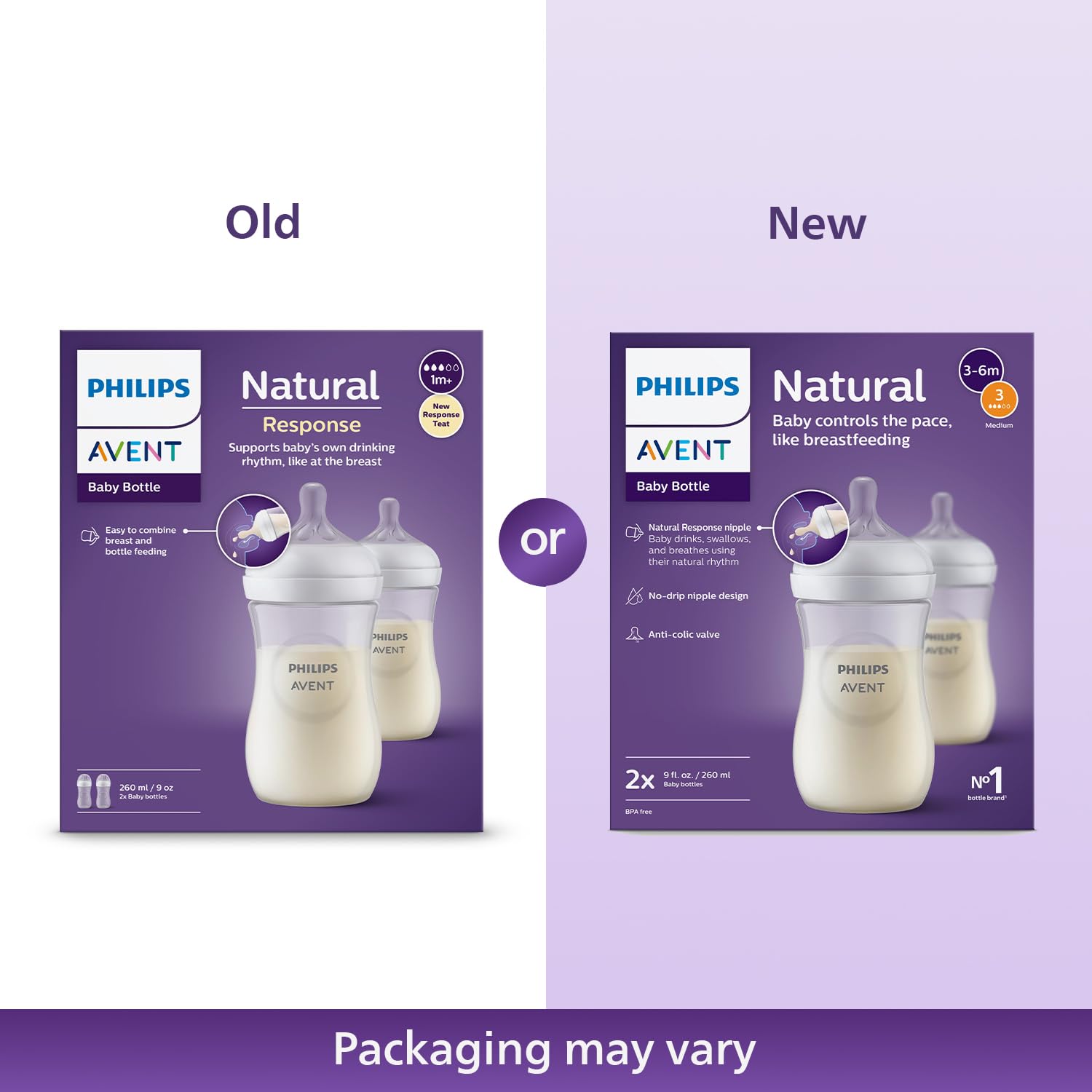 Philips Avent Natural Response Babyflasche mit 260 ml mit Saugern für mittleren Nahrungsfluss (Durchflussrate 3), 3er-Pack, SCY903/03