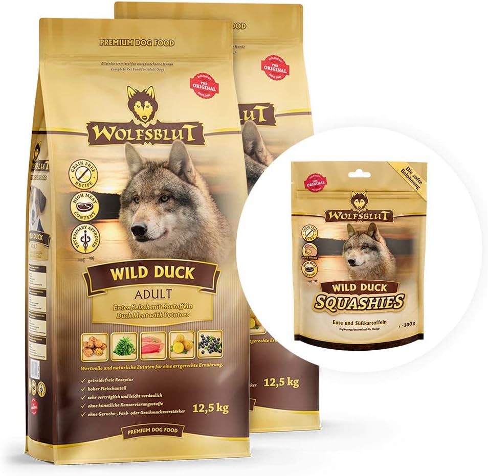 WOLFSBLUT – Wild Duck Adult | Trockenfutter mit natürlichen Zutaten und Superfoods für ausgewachsene Hunde. Getreidefreies Alleinfutter ohne Zusatzstoffe im Beutel | 12,5kg Ente