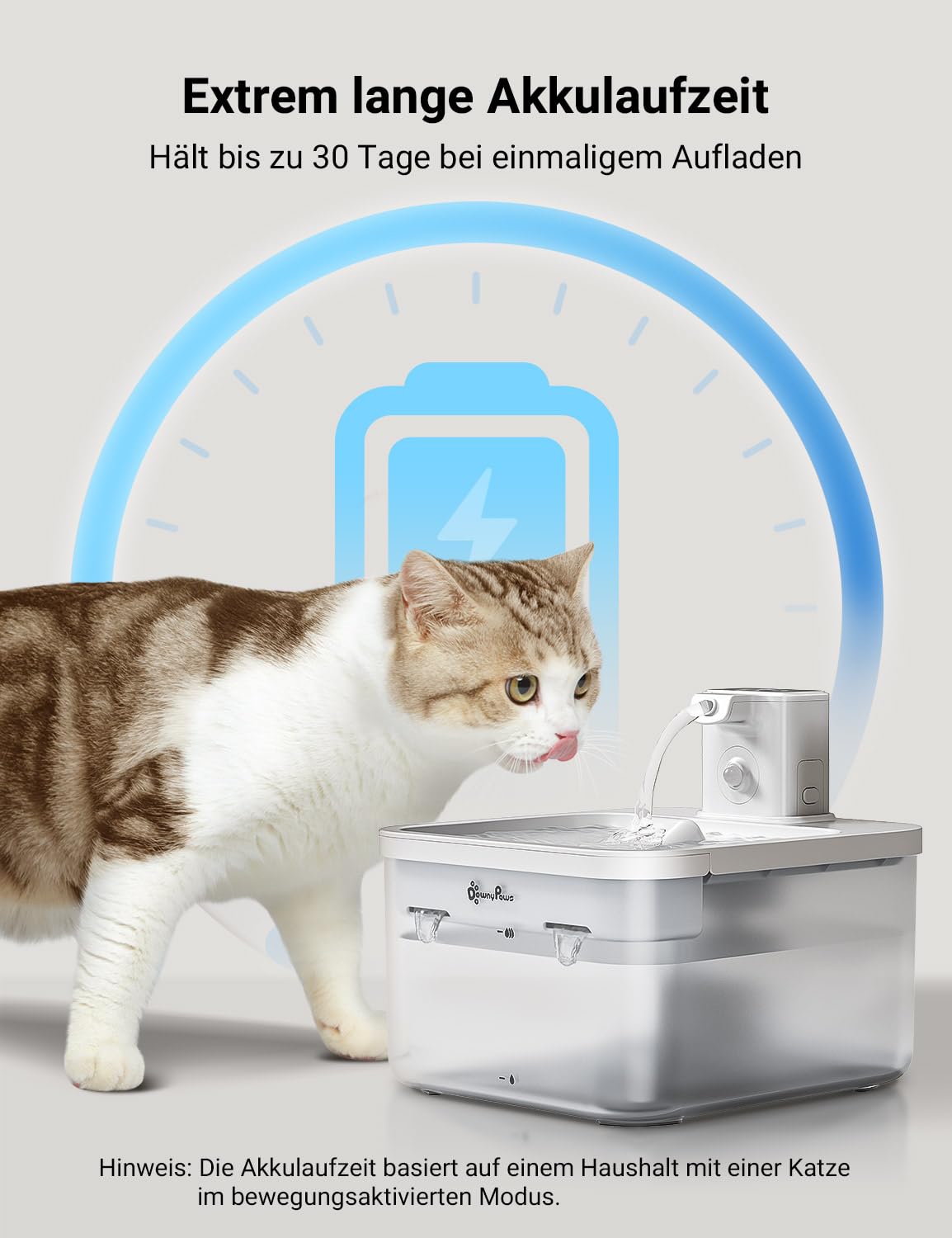 DownyPaws 2.5L Trinkbrunnen für Katze Kabellos, Katzenbrunnen Kabellos mit Bewegungsmelder, Batteriebetrieben Katzentrinkbrunnen, 4000mAh, Leise Wasserpumpe, Tablett aus Edelstahl für Katze, Schwarz