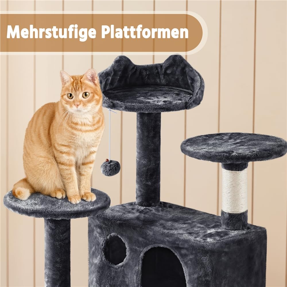 Yaheetech Kratzbaum Groß, 139 cm hoch, Mehrstöckiger Katzenbaum Kletterturm mit 3 Kratzsäulen, 3 Plattformen, 2 Gemütlichen Höhlen, 2 Plüschbällen, Stabiler Aktivitätsbereich für Katzen, Dunkelgrau