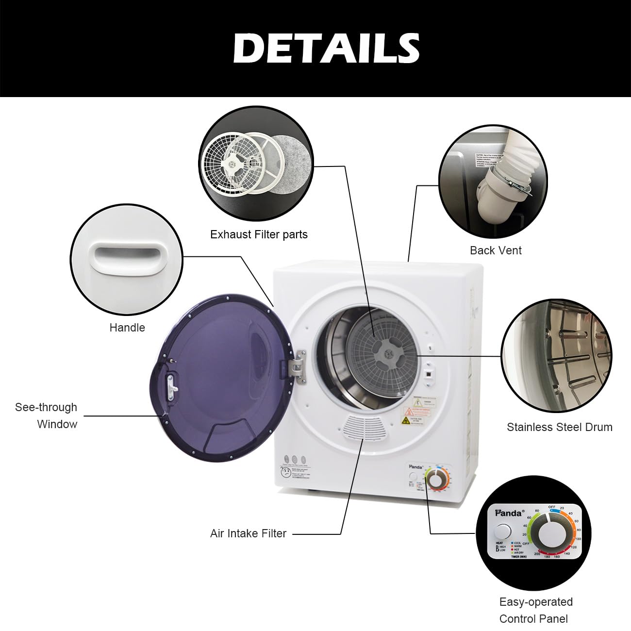Panda Compact Dryer 13.2 lbs Load Volume 110V 1500W Portable Clothes Dryer 3.5 cu.ft. Stainless Steel Tub, 4 Drying Modes