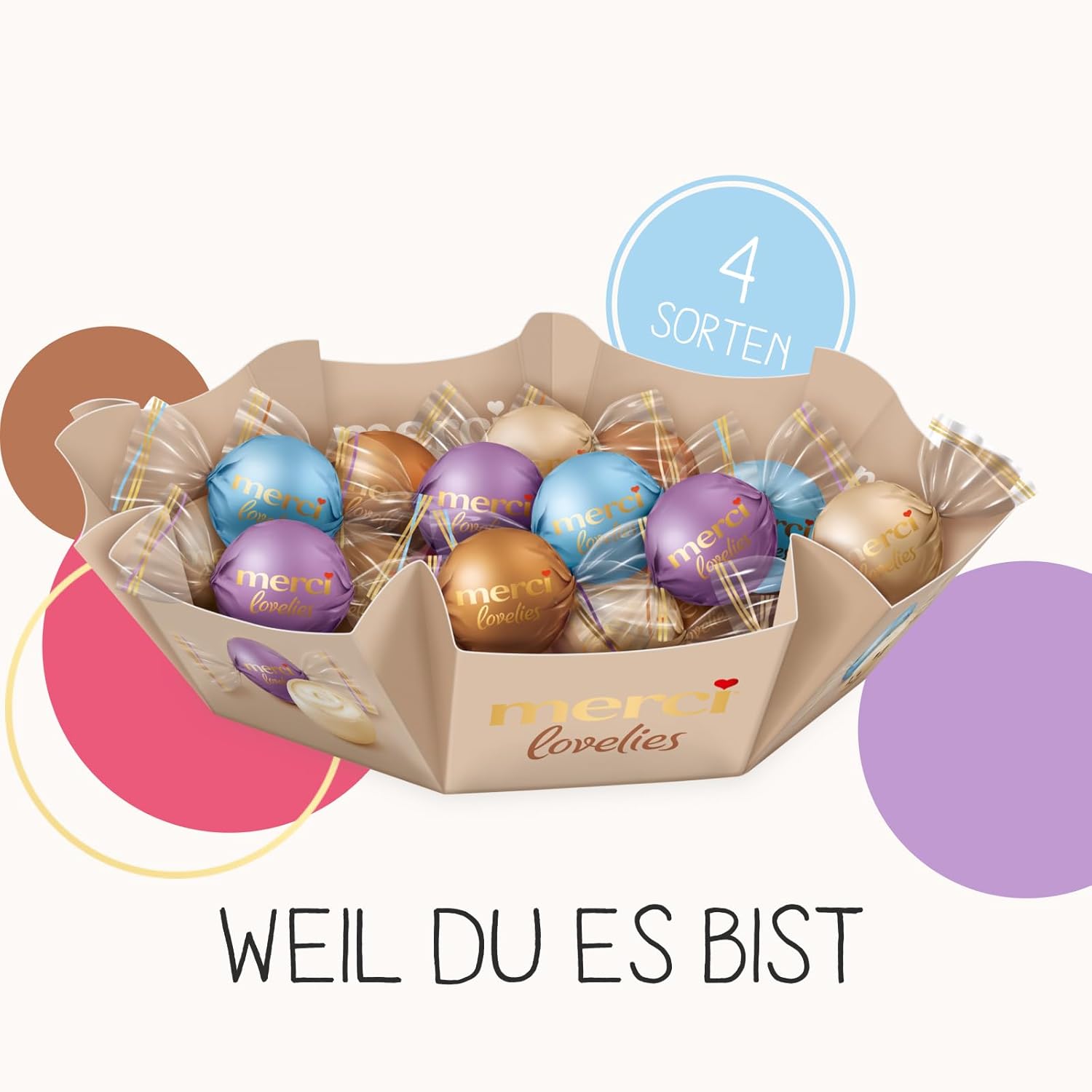 merci lovelies Classic – 1 x 185 g – Pralinen-Schachtel mit 5 gefüllten Schokoladen-Spezialitäten – Schokokugeln zum Teilen & Verschenken