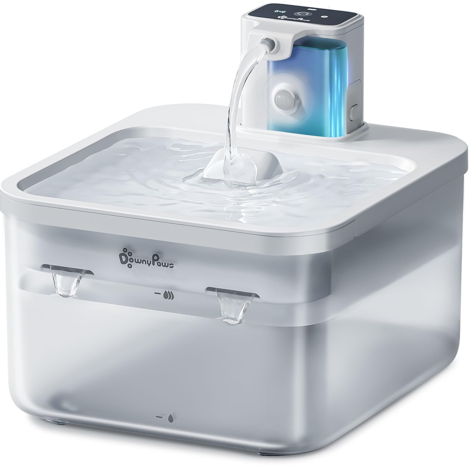 DownyPaws 2.5L Trinkbrunnen für Katze Kabellos, Katzenbrunnen Kabellos mit Bewegungsmelder, Batteriebetrieben Katzentrinkbrunnen, 4000mAh, Leise Wasserpumpe, Tablett aus Edelstahl für Katze, Schwarz