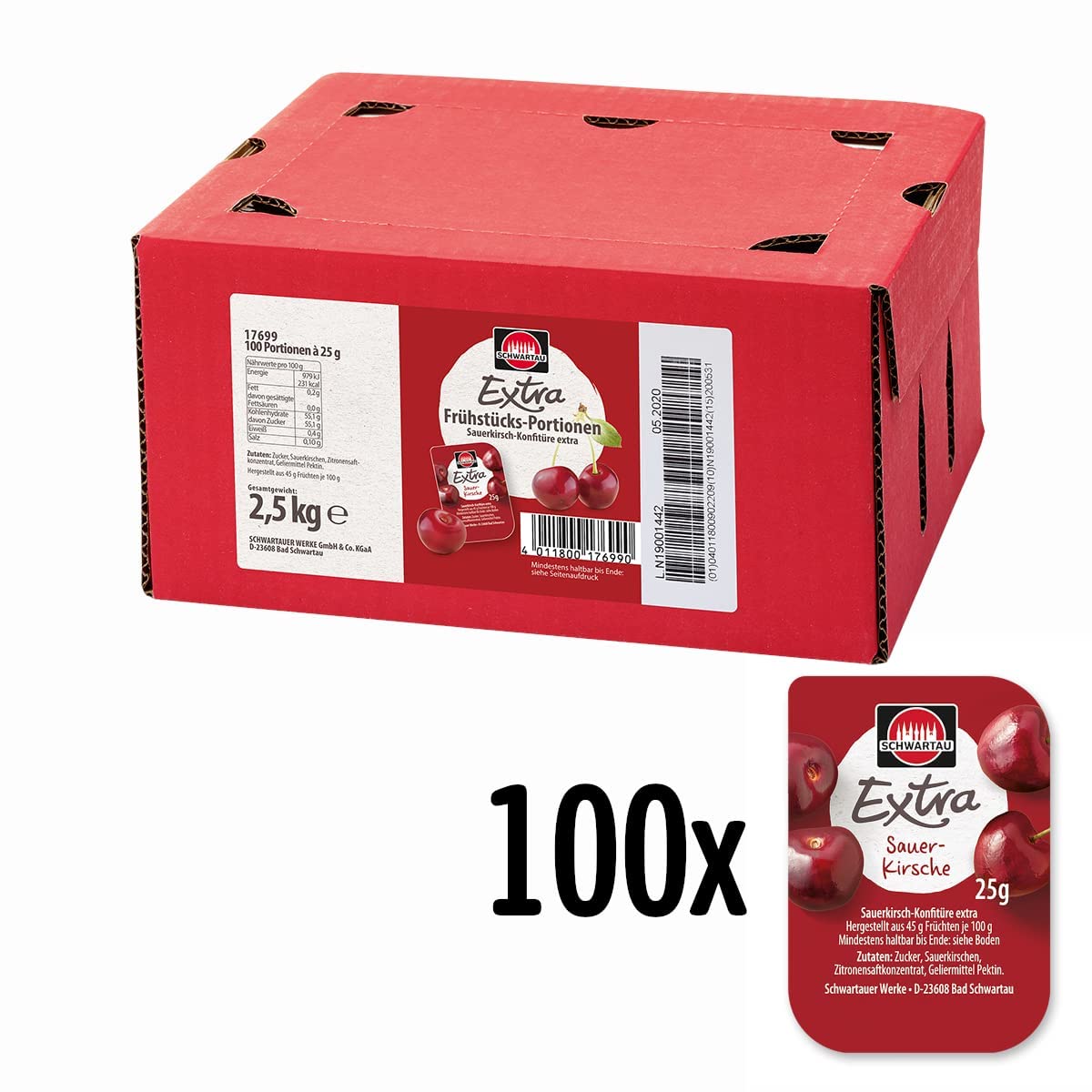 Schwartau Samt Portionen Mix-Box, Konfitüre Portionsschalen (50 x Erdbeere, 25 x Aprikose, 25 x zweierlei Kirsch), Großpackung, 100 x 25g