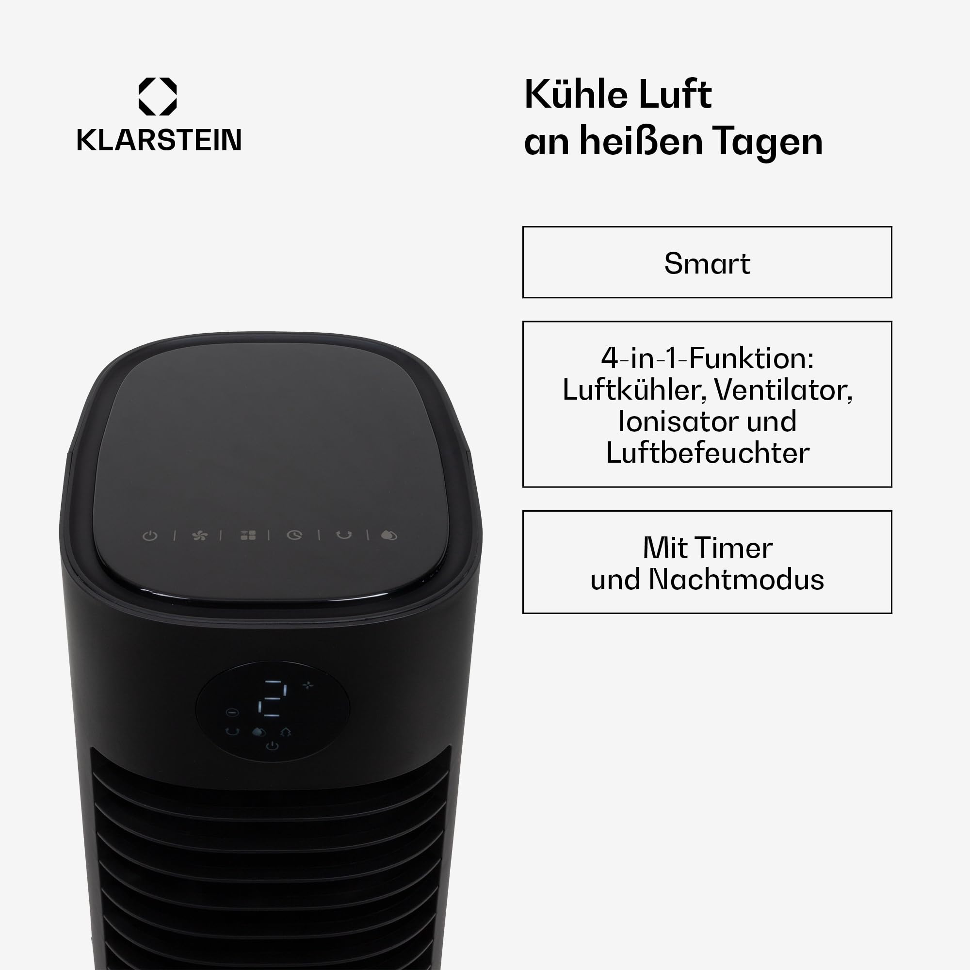 Klarstein Luftkühler mit Wasserkühlung, 5-in-1 Verdunstungskühler, Luftbefeuchter, Ventilator & Luftreiniger, Mobile Klimageräte Luftkühler mit App-Steuerung, 80W Air Cooler, 462m³/h Luftstrom