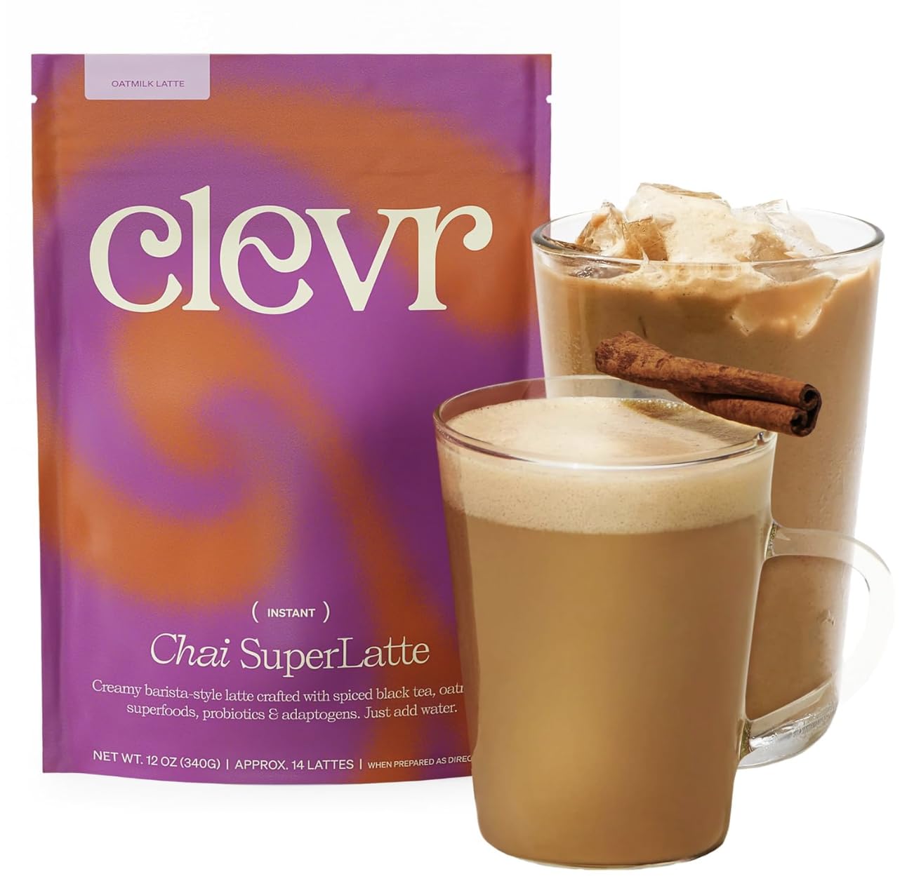 Clevr Organic Matcha Green Tea Latte, Instant Ceremonial Grade, Superfood Powder Blend with Oat Milk, Lions Mane, Reishi Mushroom, Coconut Cream, Ashwagandha, Serve Hot or Iced, (14 Lattes)
