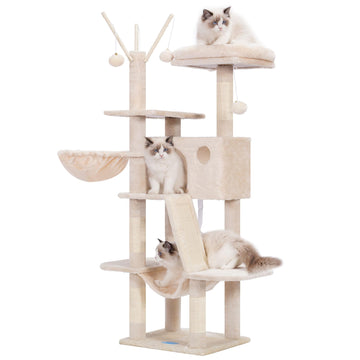 Hey-Brother Kratzbaum, 135 cm Indoor Katzenbaum, Mit gepolsterter Plattform Bett, Spielzeug Ball, Höhlen, Hängematte und Sisal Kratzbaum Katzenhaus, Hellgrau MPJ019-SW