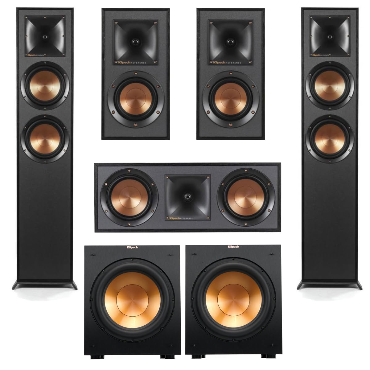 Klipsch Reference 5.1 Dolby Atmos Home Theater System with R-625FA Floorstanding Speakers, R-52C Center, R-41M Surrounds & R-12SW 12" Powered Subwoofer, Black (Speaker System + Subwoofer)