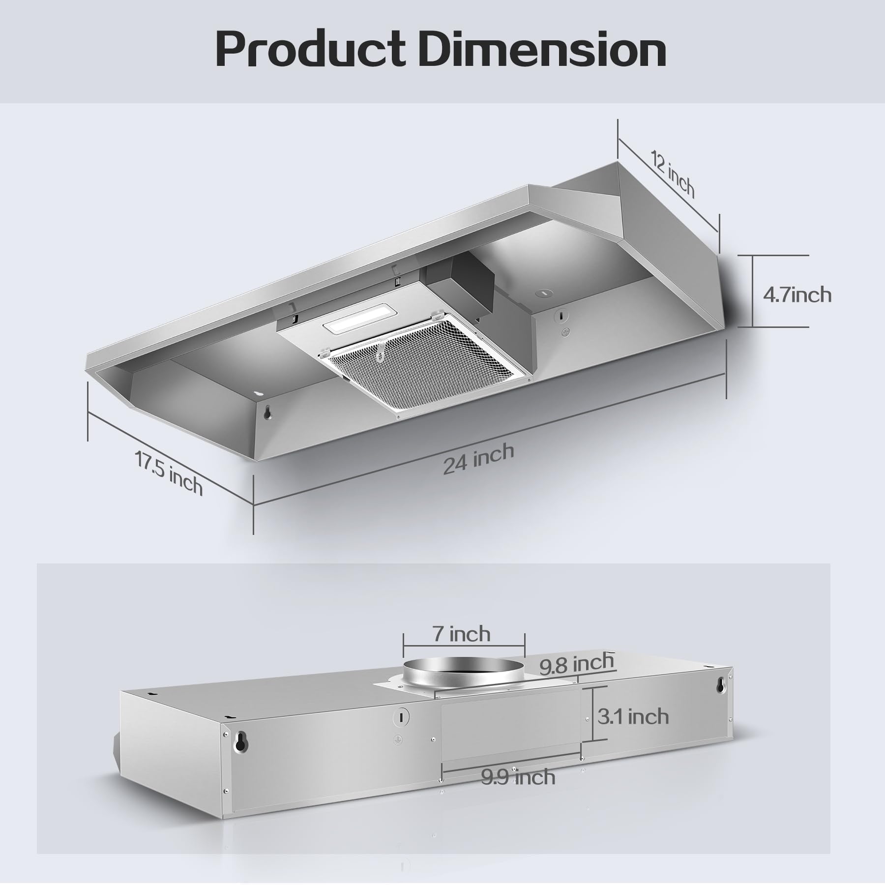 Range Hood 30 inch Under Cabinet, Stainless Steel Kitchen Vent Hood 280CFM, Built-in Kitchen Stove Hood w/Rocker Button Control, Ducted/Ductless Convertible Duct, 2 Speeds Fan, Bright LED Light