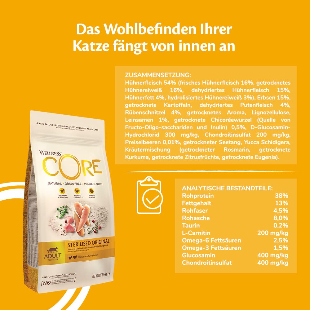 Wellness CORE Sterilised Ocean 4 kg, Lachs – Katzenfutter Trocken für sterilisierte Katzen, getreidefrei, natürlich, hypoallergen, proteinreich, unterstützt gesunde Haut und glänzendes Fell