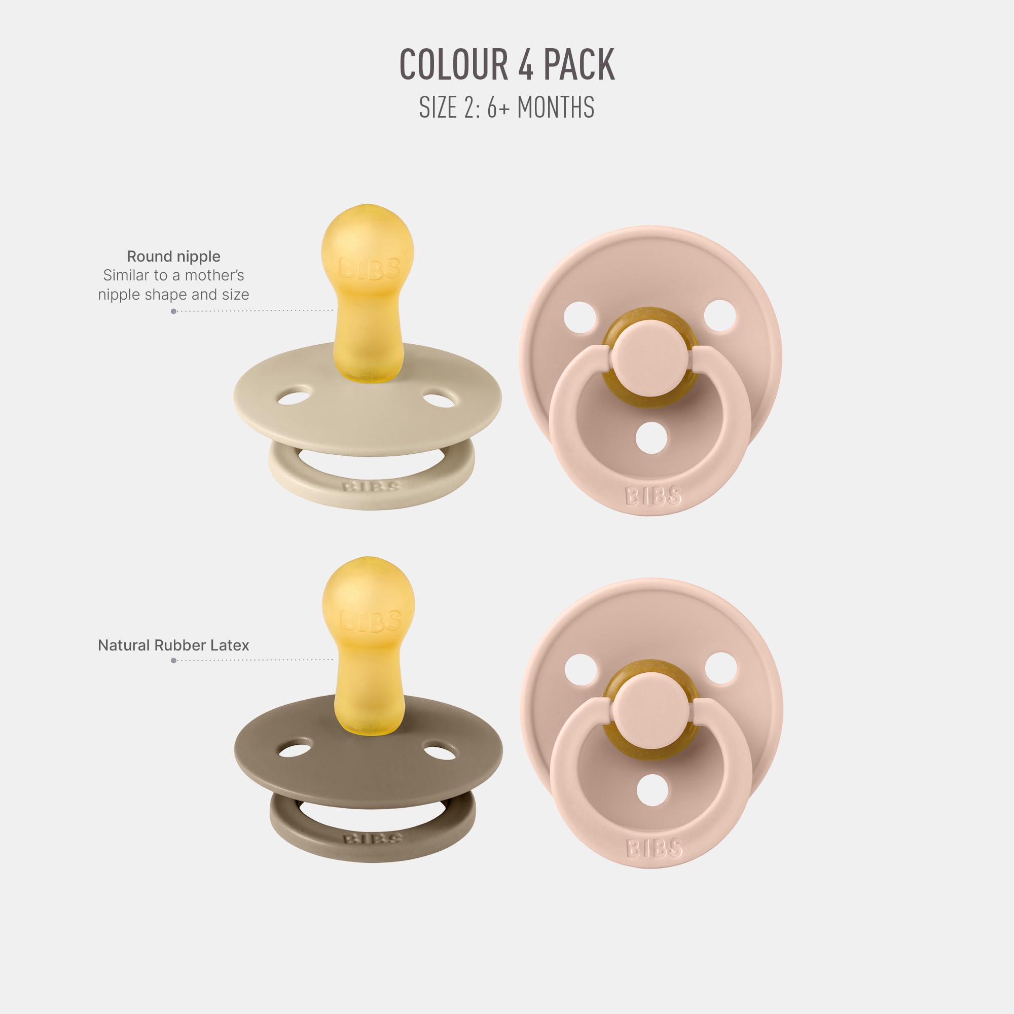 BIBS Colour Schnuller 4er-Pack, BPA-frei, Kirschform Nippel. Naturkautschuk/Latex, Hergestellt in Dänemark. 6-18 Monate (4er Pack), Iron Mix