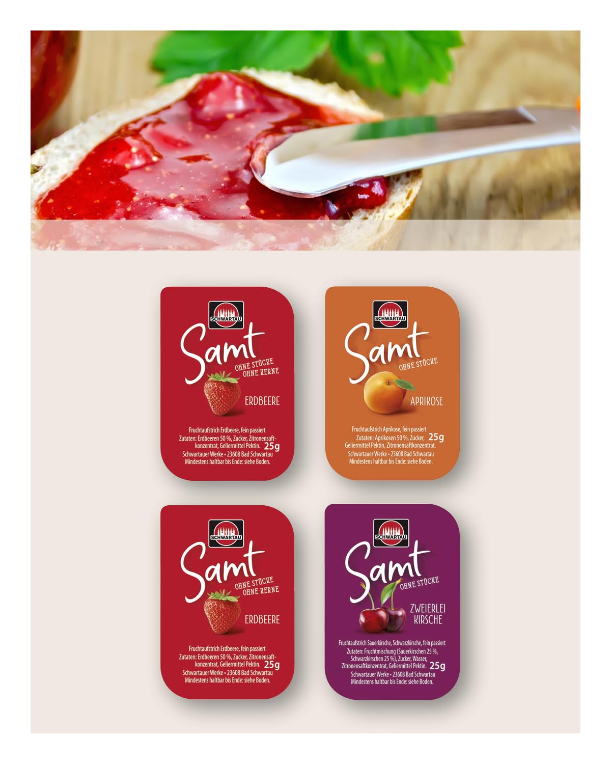 Schwartau Samt Portionen Mix-Box, Konfitüre Portionsschalen (50 x Erdbeere, 25 x Aprikose, 25 x zweierlei Kirsch), Großpackung, 100 x 25g