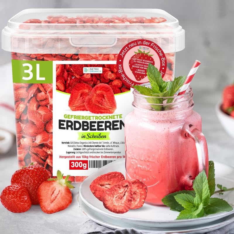 Detox Organica GEFRIERGETROCKNETE ERDBEEREN, 300g Früchte in Scheiben, 100% Trockenfrüchte natürlich und ohne Zusatz von Zucker oder Zusatzstoffen, Erdbeerchips freeze dried strawberries (300g)