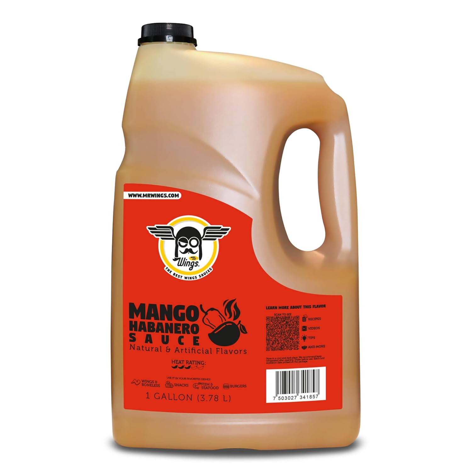 Mr. Wings Sweet Mango Mild Sauce 1 Gallon (128 Fl Oz). Sweet and spicy delight, perfect for boneless chicken, fries, drinks, and your favorite snacks. Large bulk sauce.