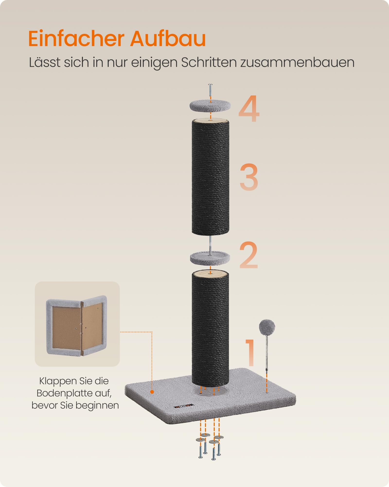 Feandrea Kratzbaum, 85 cm hoch, Kratzsäule XL, 13 cm Dicker Stamm, Katzenbaum, Kratzstamm für mittelgroße und große Katzen, Sisalstamm, mit Plüschball und Glocke, Taubengrau PCA041G01