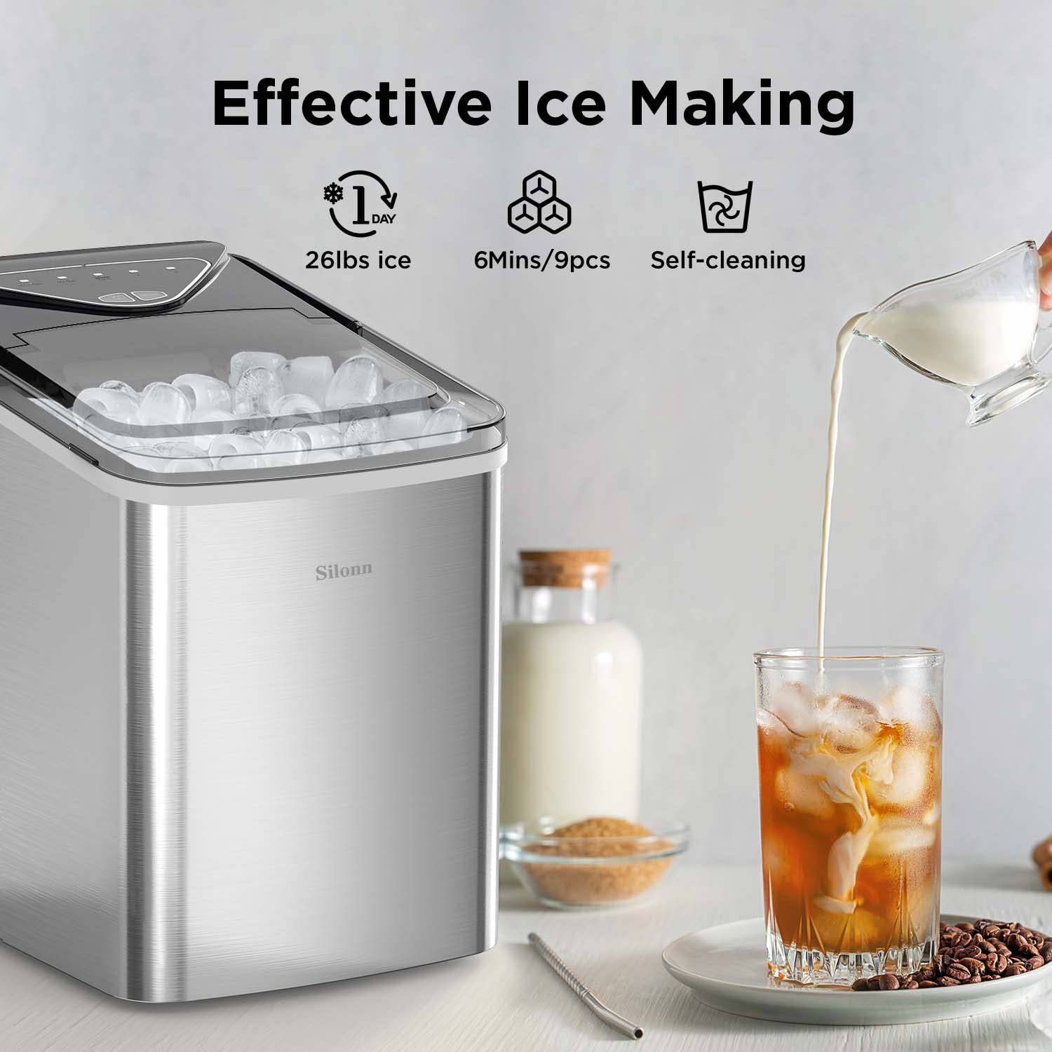 Nugget Ice Maker Countertop, Silonn Chewable Pellet Ice Machine with Self-Cleanin Function, 36lbs/24H Portable Ice Makers for Home Kitchen Officce, Black