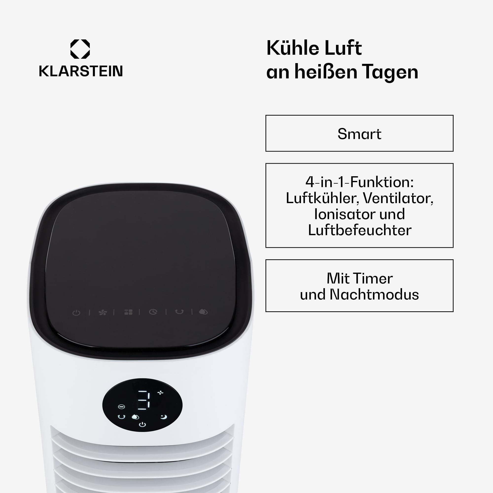 Klarstein Luftkühler mit Wasserkühlung, 5-in-1 Verdunstungskühler, Luftbefeuchter, Ventilator & Luftreiniger, Mobile Klimageräte Luftkühler mit App-Steuerung, 80W Air Cooler, 462m³/h Luftstrom