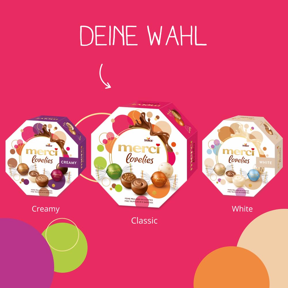 merci lovelies Classic – 1 x 185 g – Pralinen-Schachtel mit 5 gefüllten Schokoladen-Spezialitäten – Schokokugeln zum Teilen & Verschenken