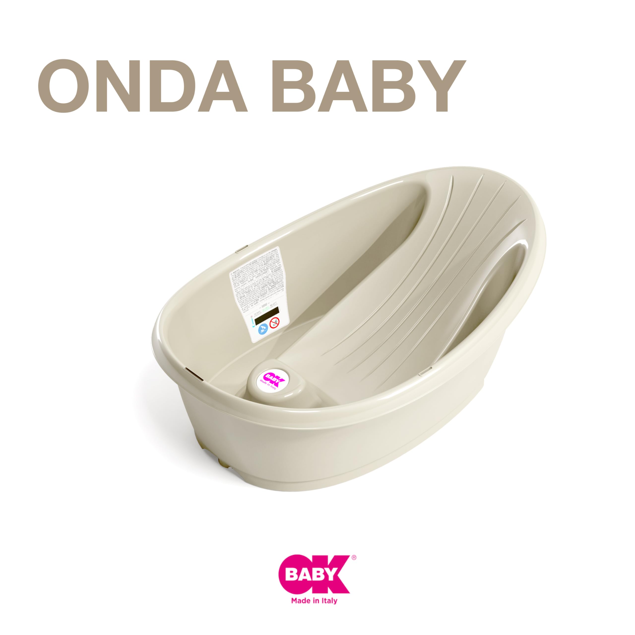 Onda Baby-Badewanne - Rutschsichere Basis, mit eingebautem digitalen Flüssigkristall-Thermometer - Rückenstütze für zusätzlichen Komfort - Passt in die Badewanne oder die ebenerdige - Weiss