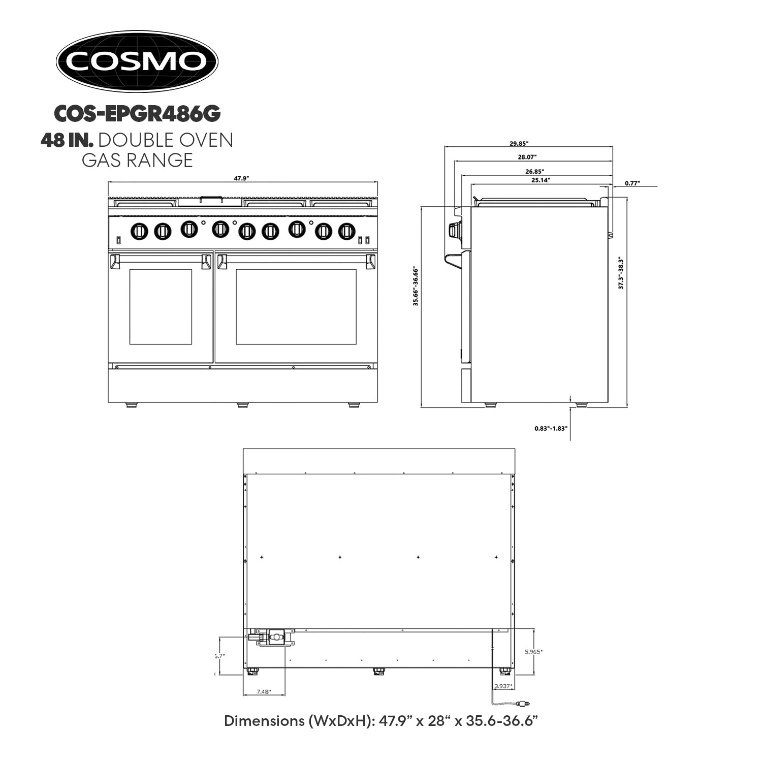 COSMO COS-EPGR366 36 in. Haven Collection 6.0 cu. ft. Gas Range, 6 Burners, Convection Oven, Knob LEDs, Storage Drawer, Stainless Steel