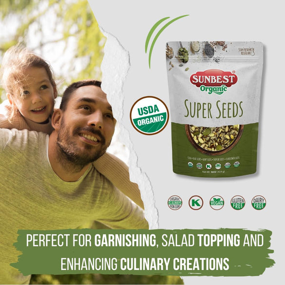Sunbest Natural Organic Super Seeds Mix, 2-Pack – Raw Chia, Flax Seed, Hemp, Pumpkin & Sunflower Seeds – Great For Trail Mix, Smoothies & Salads – Superfood Blend Rich in Protein & Fiber (32 oz)