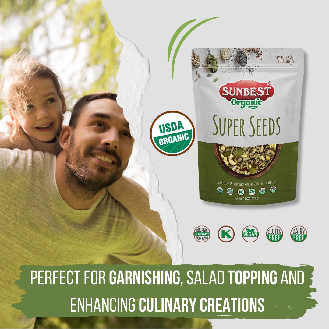Sunbest Natural Organic Super Seeds Mix, 2-Pack – Raw Chia, Flax Seed, Hemp, Pumpkin & Sunflower Seeds – Great For Trail Mix, Smoothies & Salads – Superfood Blend Rich in Protein & Fiber (32 oz)