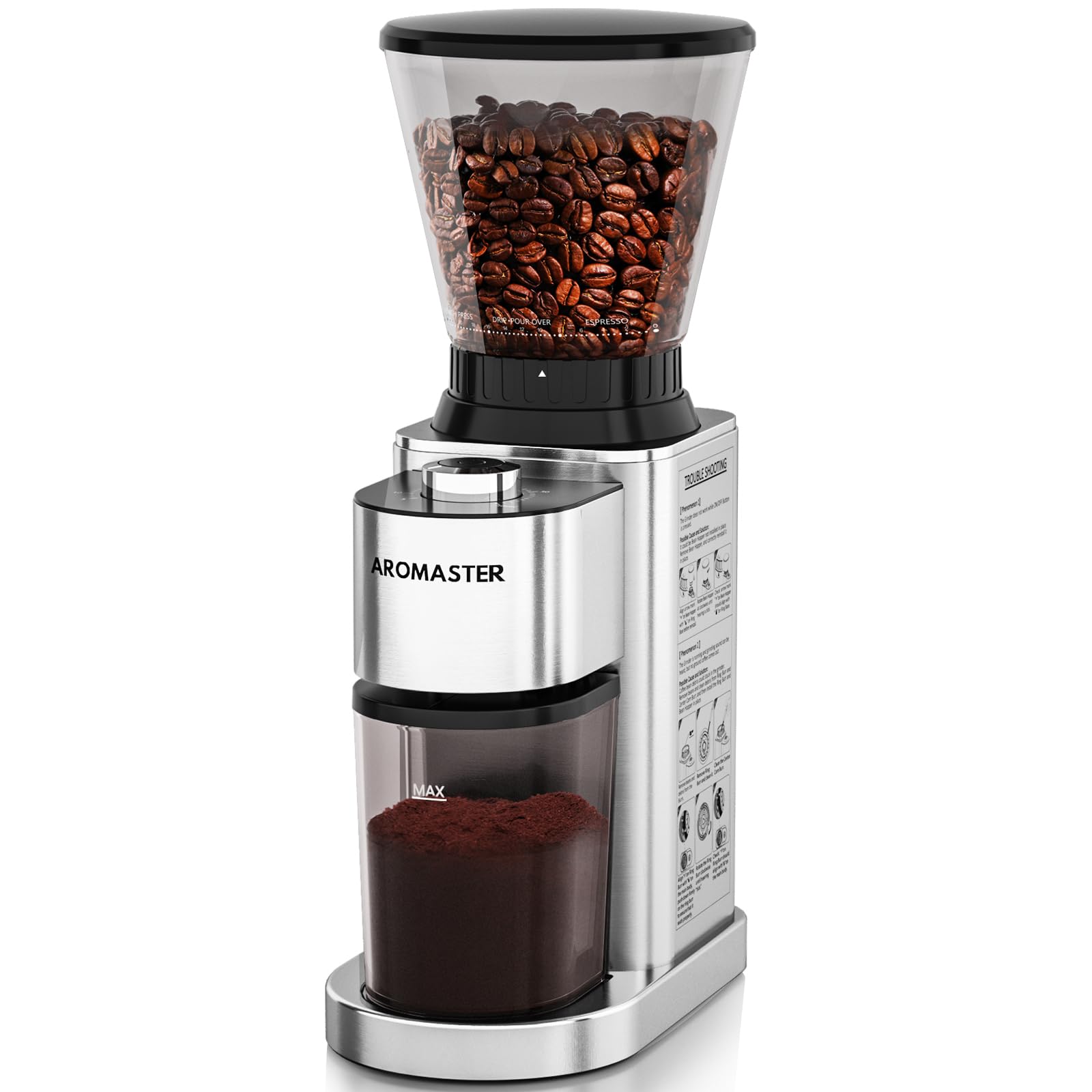 Aromaster Coffee Bean Grinder with 48 Gind Settings, Conical Burr Coffee Grinder for Home Use,Stainless Steel,40 Seconds Adjustable Timer,Anti-static,Easy to Clean with Brush,Black