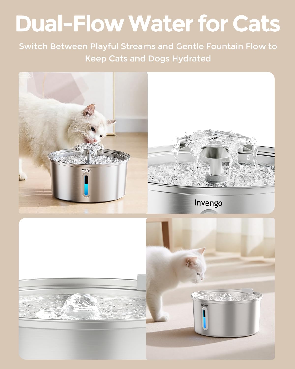 Invengo MeowFlow B30 Trinkbrunnen für Katzen, 2,2L Edelstahl-Haustierbrunnen mit sichtbarem Wasserfenster, einfach zu reinigen und installieren, inkl. 4 Ersatzfilter, spritzwassergeschütztes Design