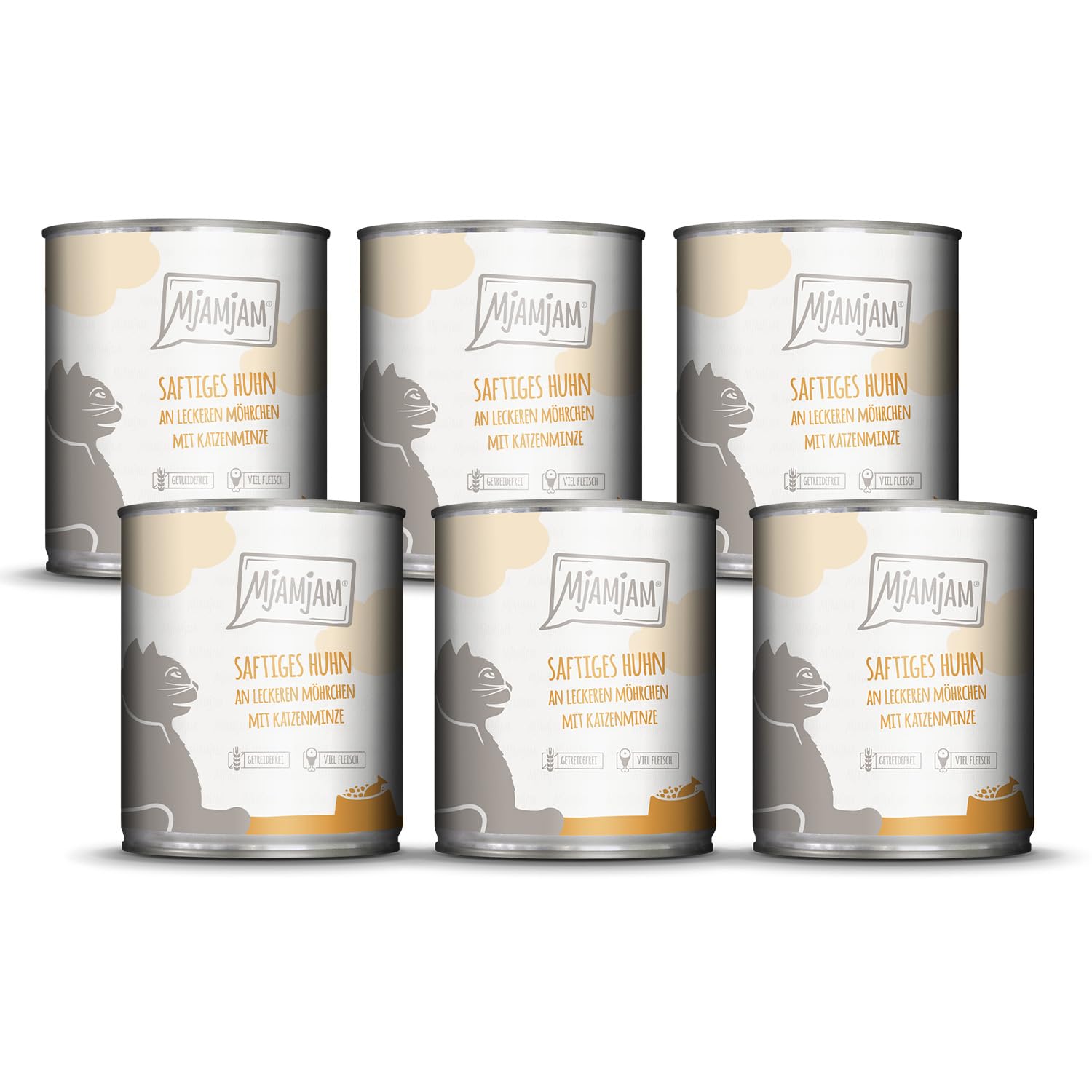 MjAMjAM - Premium Nassfutter für Katzen - saftiges Huhn an leckeren Möhrchen, 6er Pack (6 x 400 g), getreidefrei mit extra viel Fleisch