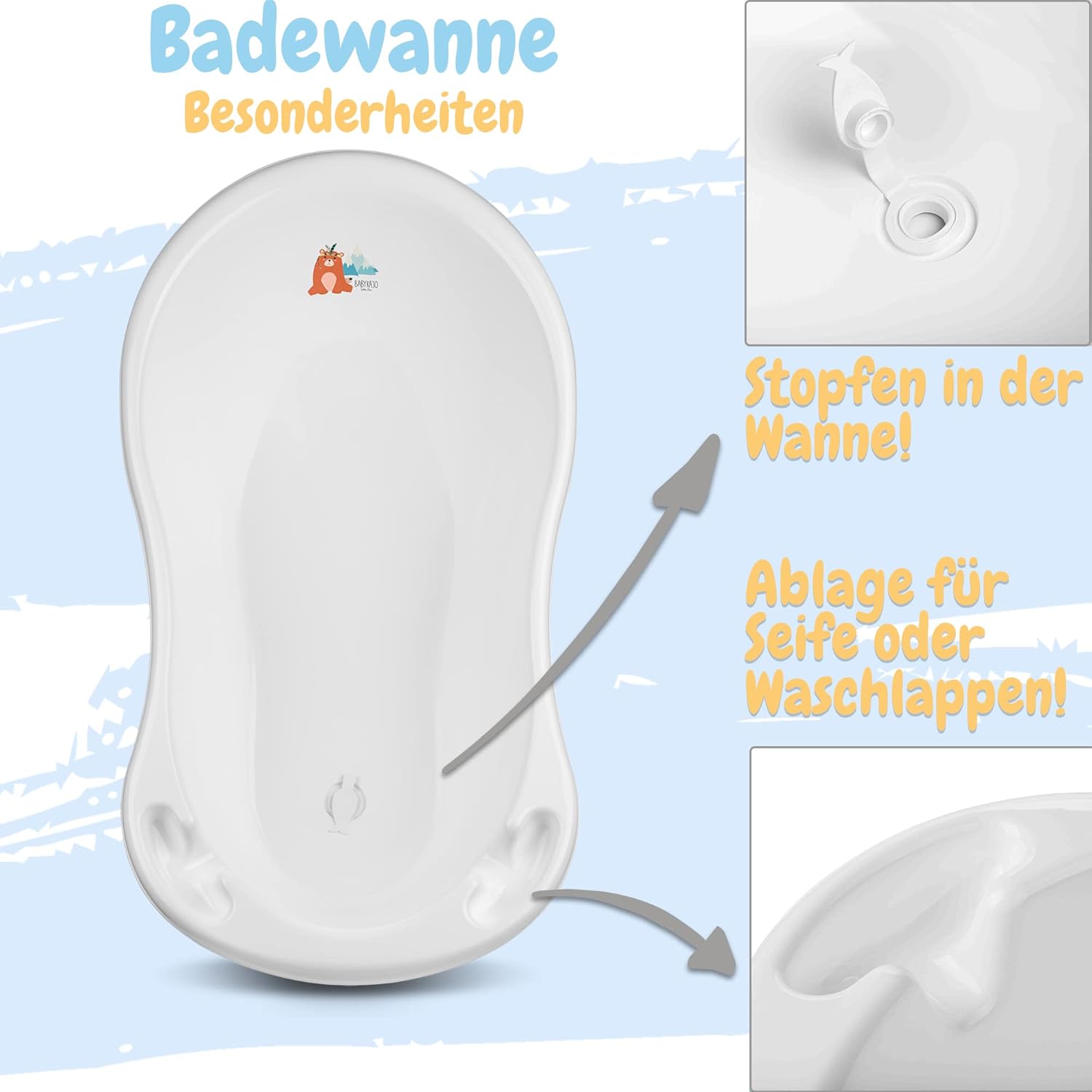 Baby Badewanne mit Gestell 4 Set TÜV Rheinland zertifiziert! Babybadewannen + Baby Badewannensitz +Abfluss + Gestell - Babywanne mit Ständer! Baby Pflegeset für Neugeborene.