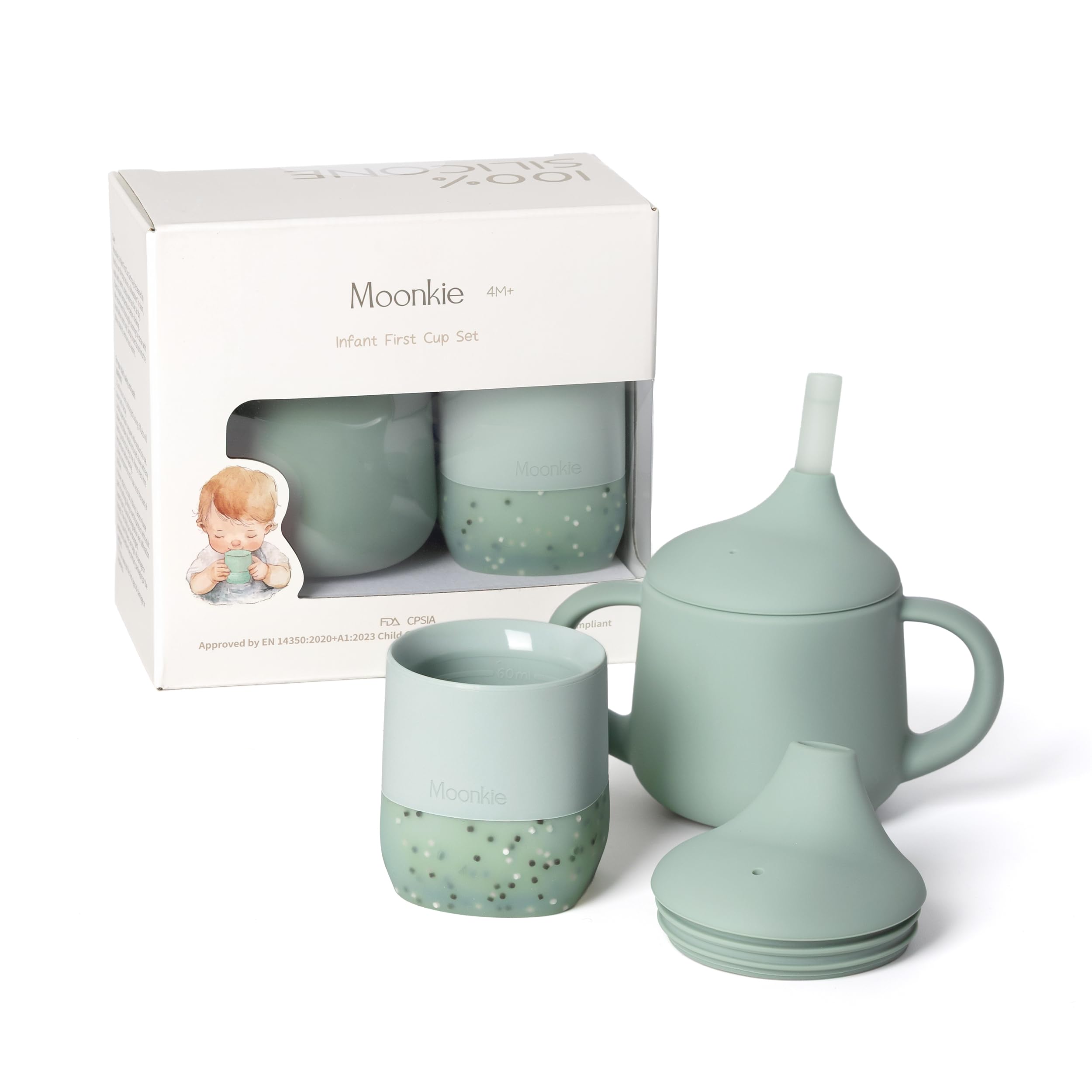 Moonkie Trinklernbecher Baby Silikon | 2er-Pack Offener Lernbecher ab 4 Monate | BPA-frei | mit Messskala | 60ml Tiny Cup(Äther/Mint)