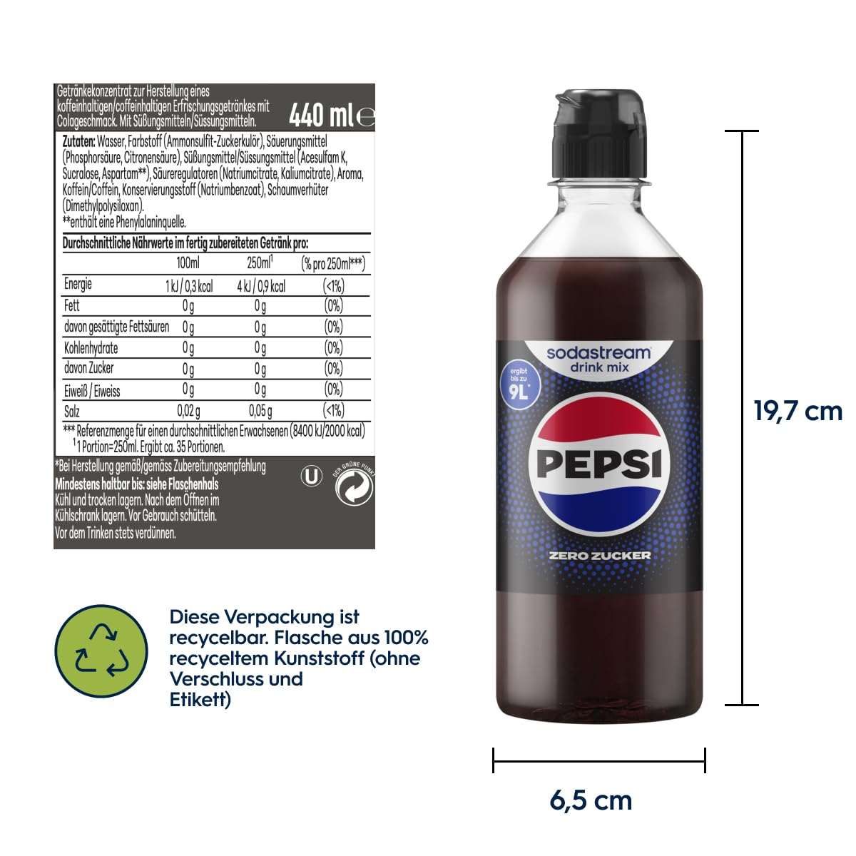 SodaStream Sirup 3x Pepsi Zero Zucker - 1x Flasche ergibt 9 Liter Fertiggetränk, Sekundenschnell zubereitet und immer frisch, 440 ml